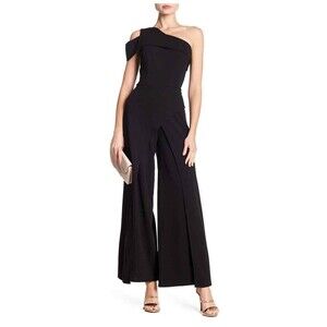 Marina women's Cut-Out One Shoulder Overlay Pant Stretch Jumpsuit Black 4US S